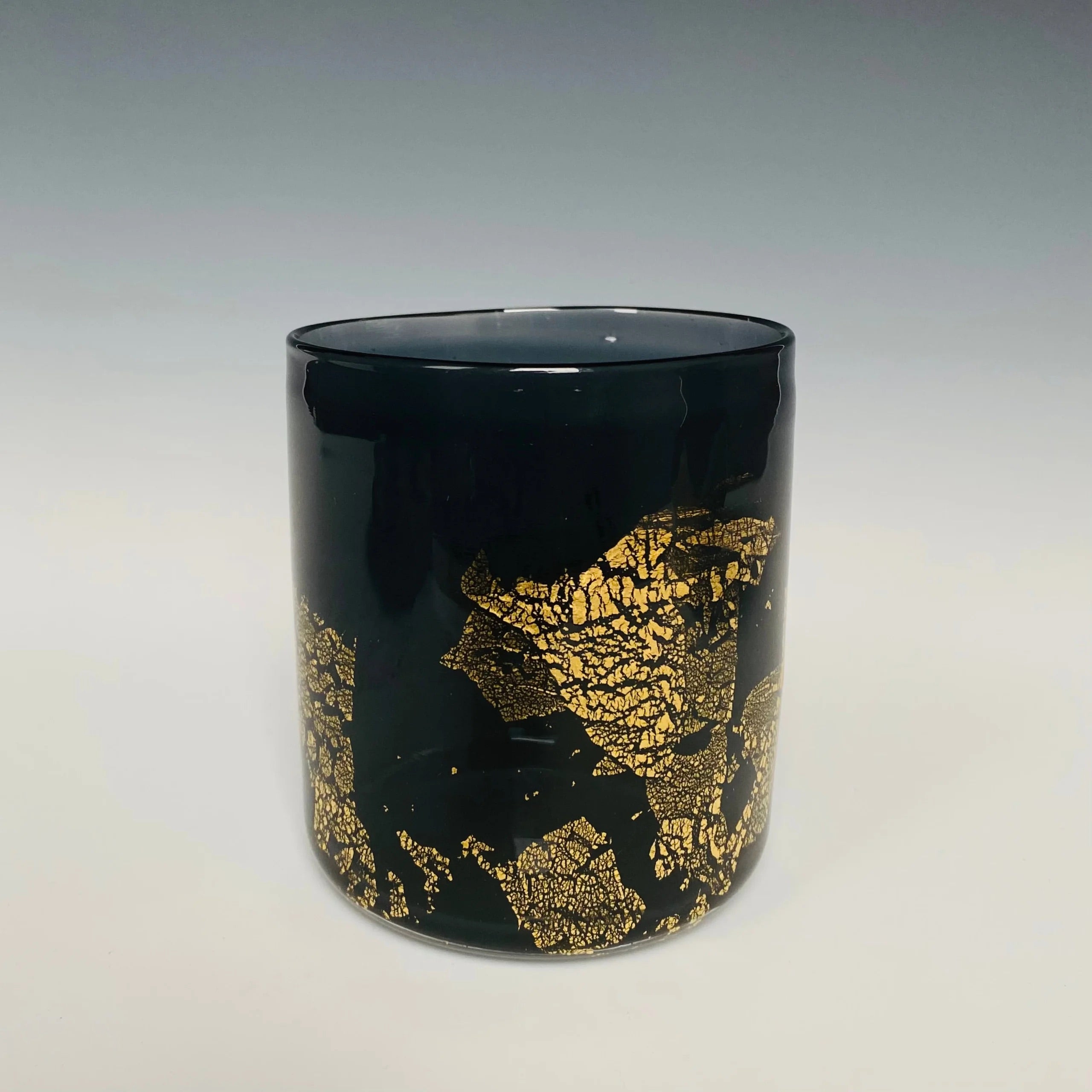 Image of a grey glass with 18k gold hand blown rocks glass made in USA by North Carolina glass artist John Shoemaker