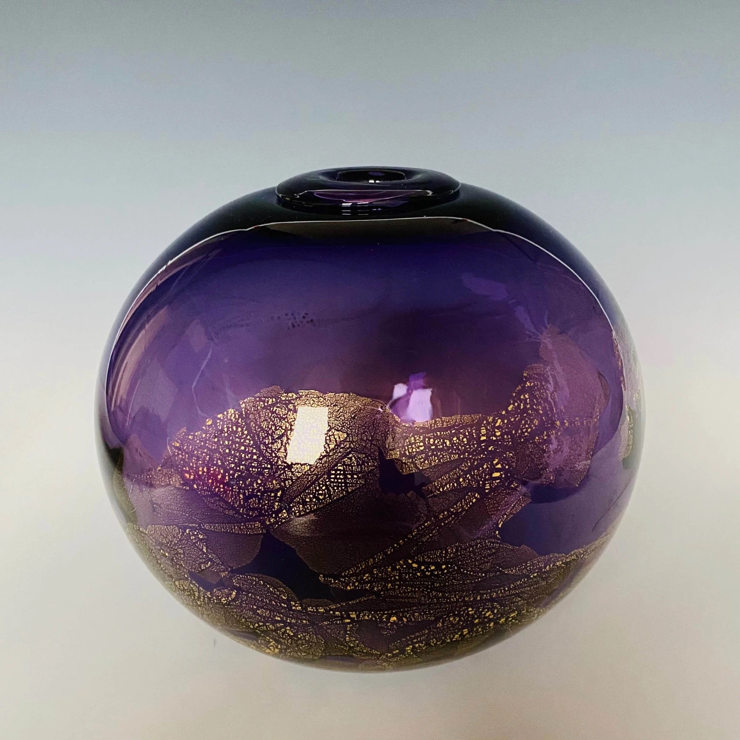 Small purple Glass  sculptural Orb from John Shoemaker, a hand blown classic spherical vessel with gold leaf made in USA