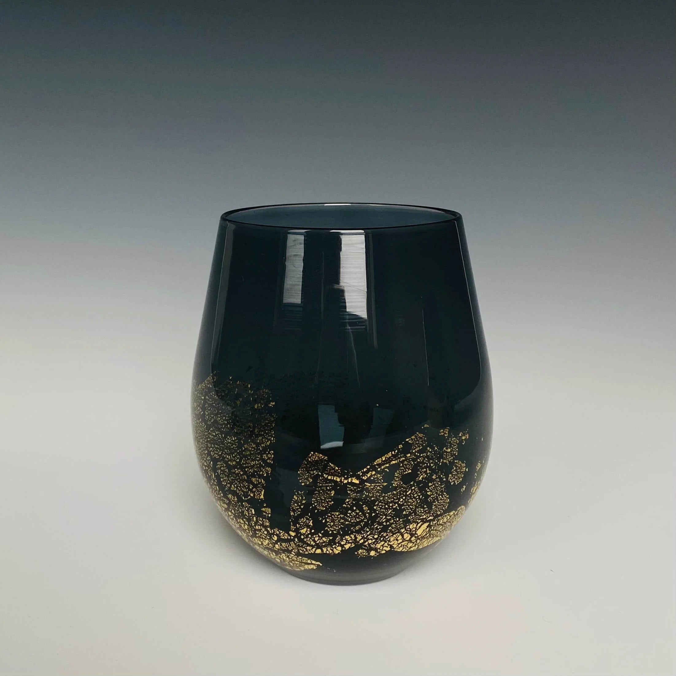 Handblown Stemless black wine Glass from North Carolina aritist John Shoemaker with gold leaf and made in USA