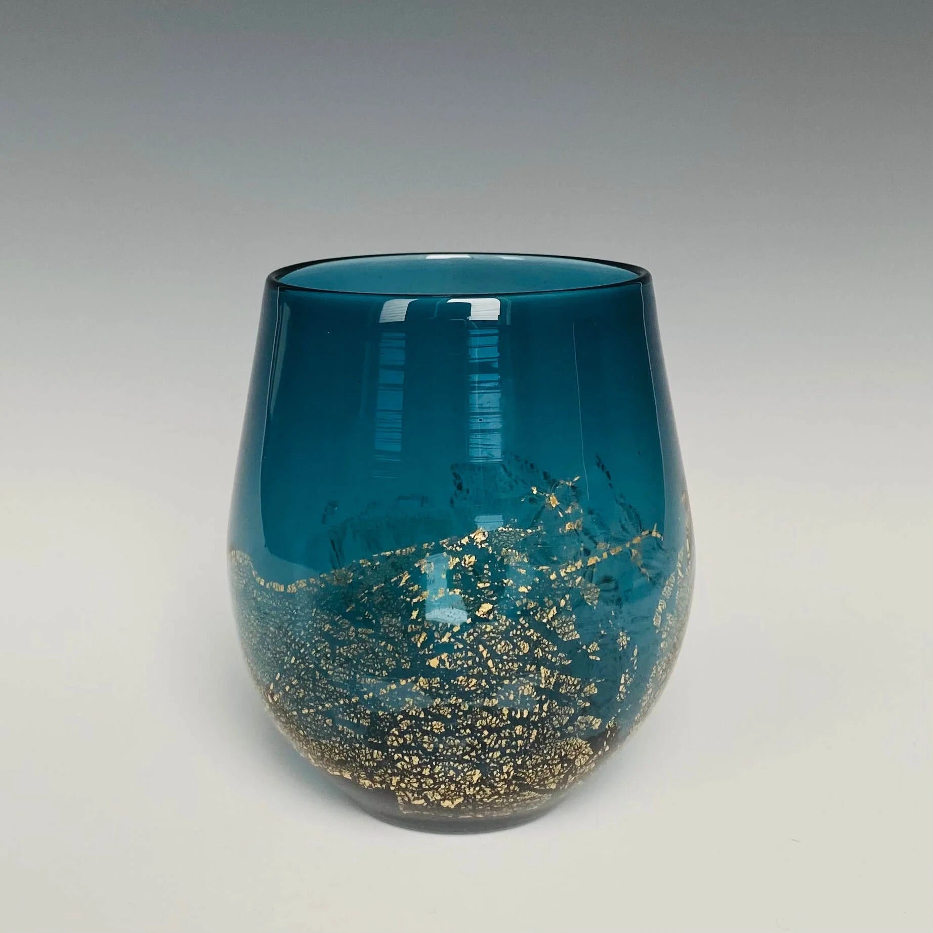 Handblown Stemless blue Wine Glass from North Carolina aritist John Shoemaker with gold leaf and made in USA