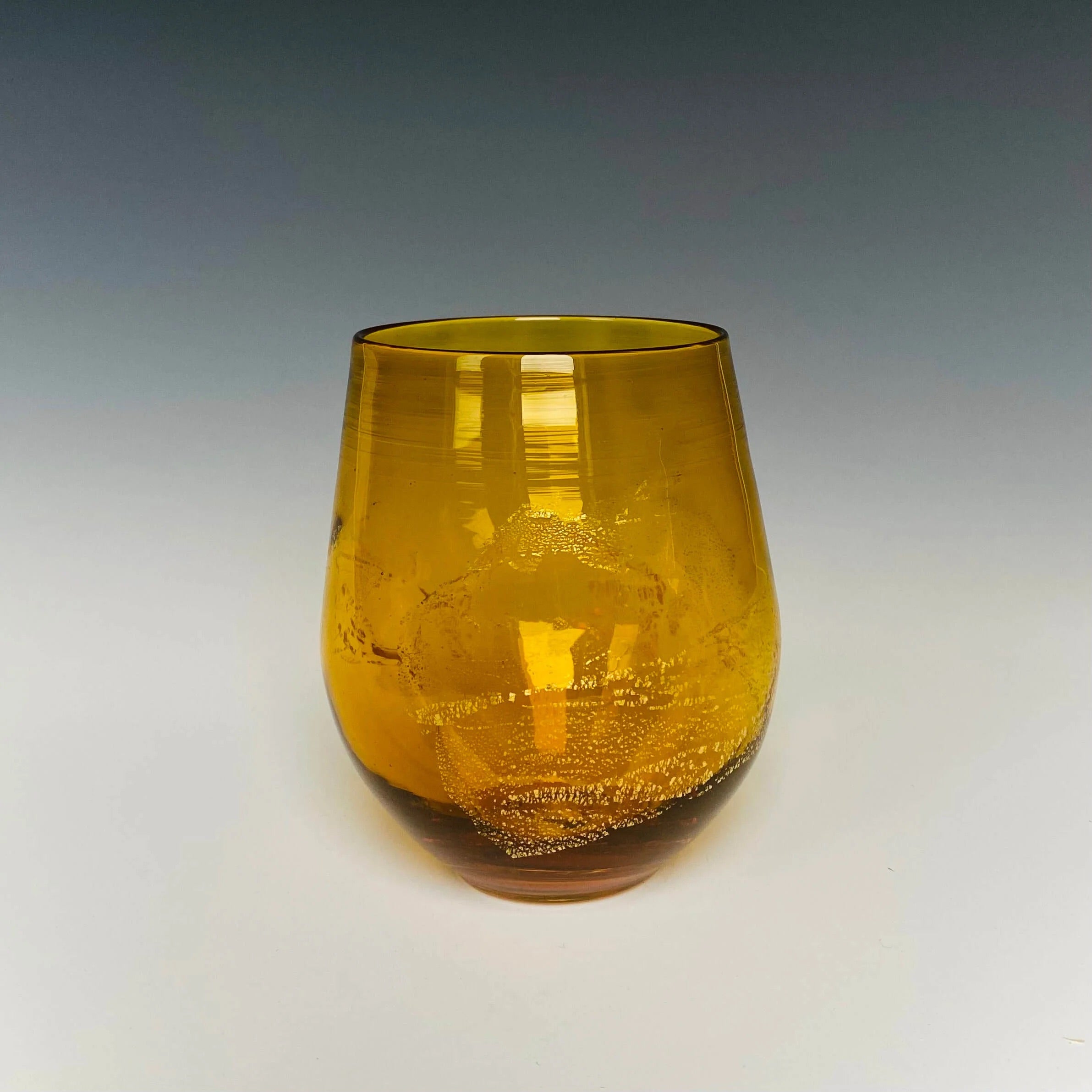 Handblown Stemless yellow Wine Glass from North Carolina aritist John Shoemaker with gold leaf and made in USA