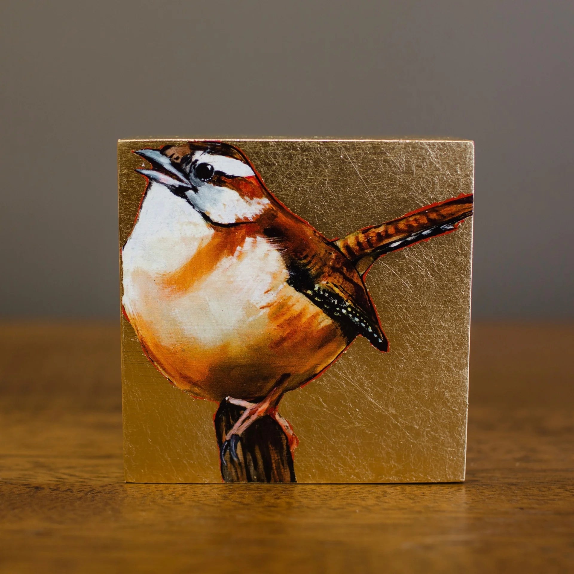 Image of Carolina Wren small giclee painting with gold leaf by South Carolina fine artist Joseph Bradley 
