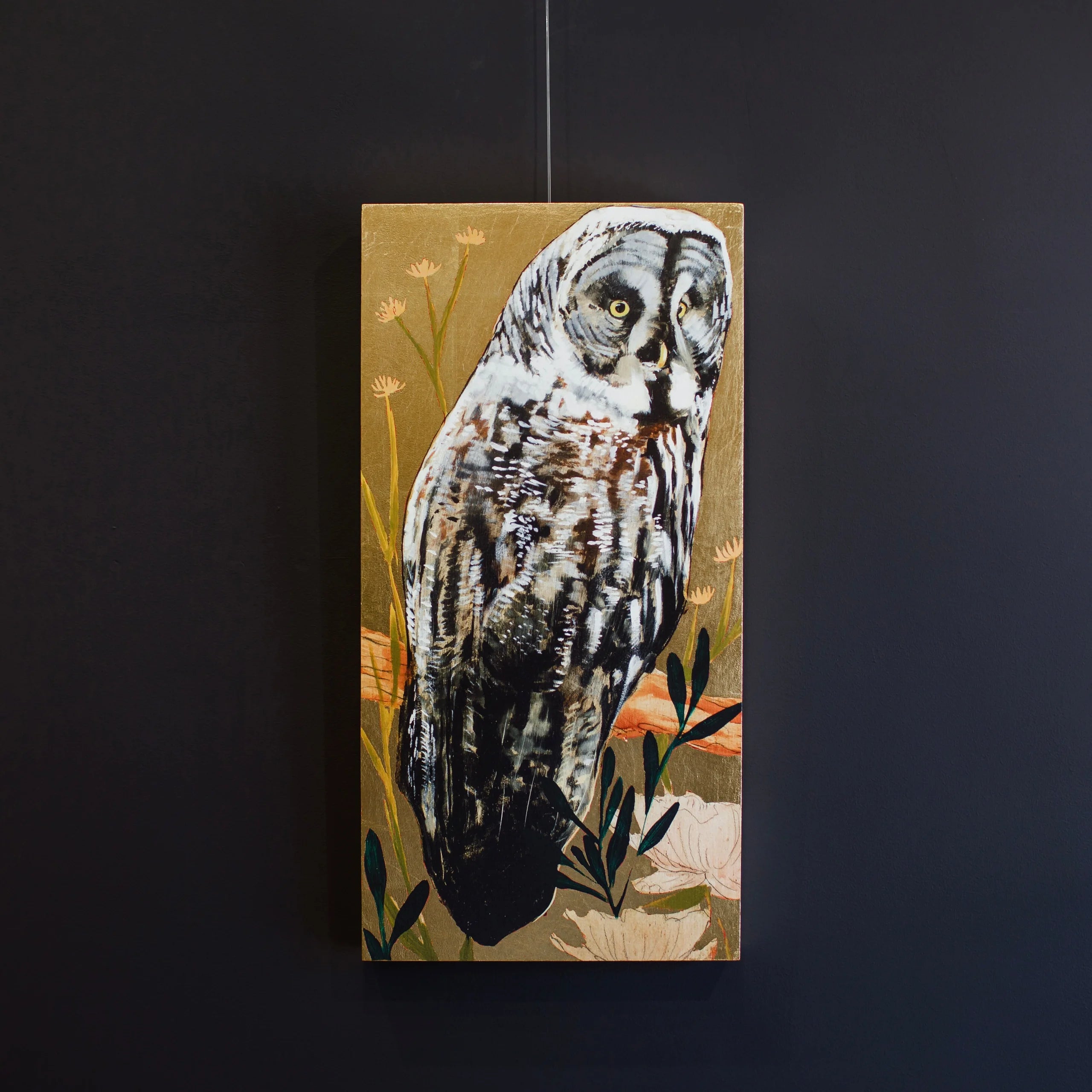 Image of owl and florals giclee painting with gold leaf by South Carolina fine artist Joseph Bradley Owl Giclee