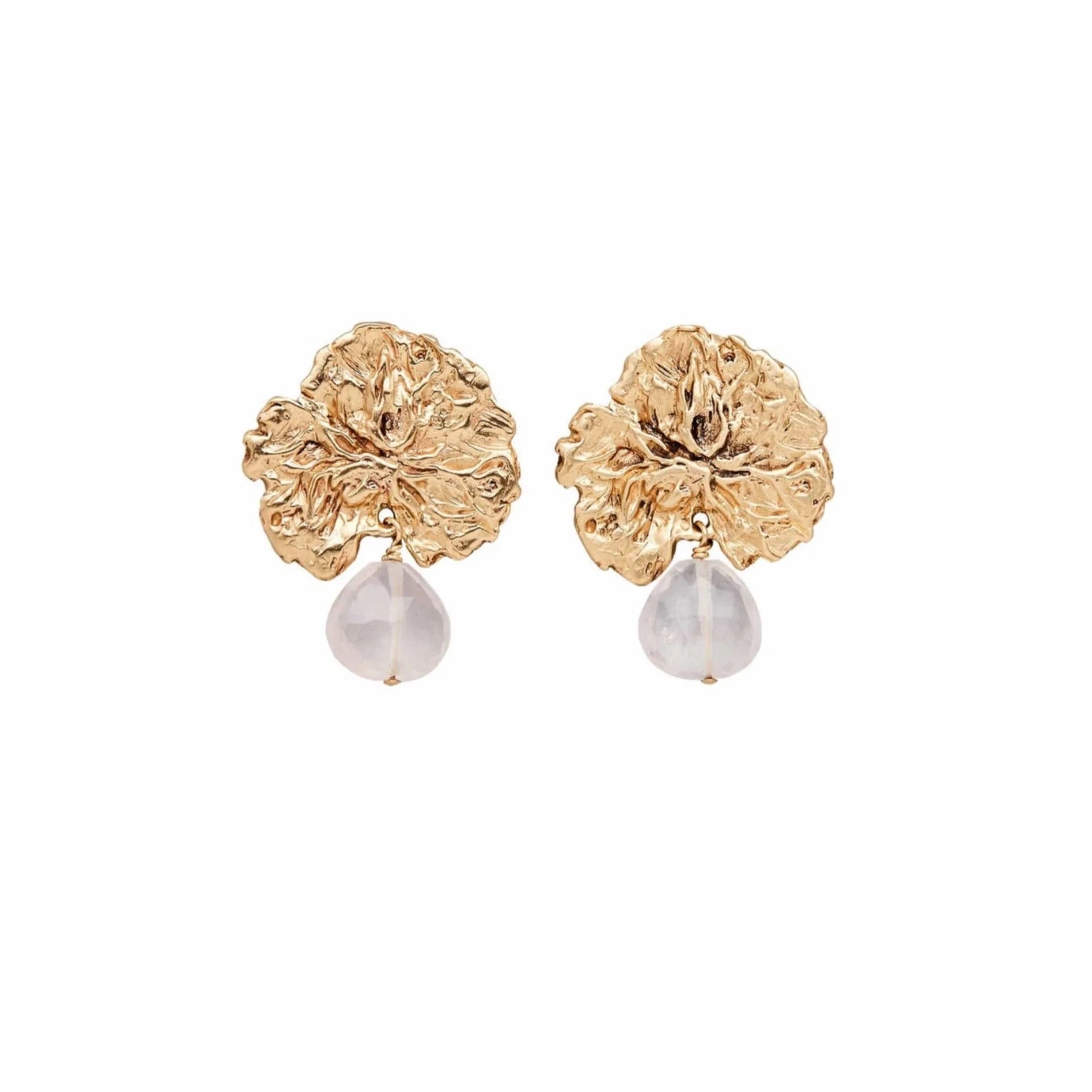 A pair of bronze earrings featuring rose quartz gemstone drops with gold filled posts handmade in USA by Texas jewelry artist Julie Cohn