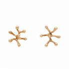 This image displays a pair of bronze Stamen earrings, featuring a unique gold-filled post and a detailed design inspired by natural leaf forms. Each earring is crafted to capture intricate textures and angles, showcasing a blend of bronze and gold tones that highlight their artisanal quality.