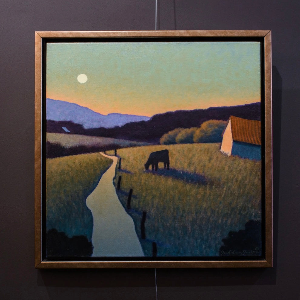 Image featuring an original oil on canvas painting by North Carolina artist Janet Green Jacobson with agrarian scene. 