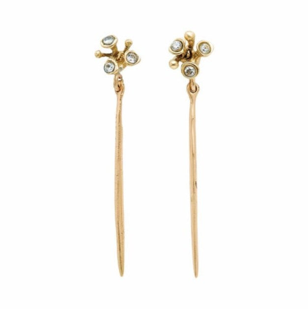 Image of pair of artist Julie Cohn Blossom Bronze Needle earrings with cubic zirconia stones on gold-filled posts.