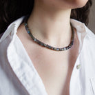 Woman wearing Klaus Spies Grey Moonstone Necklace with handcrafted sterling silver clasp made in USA