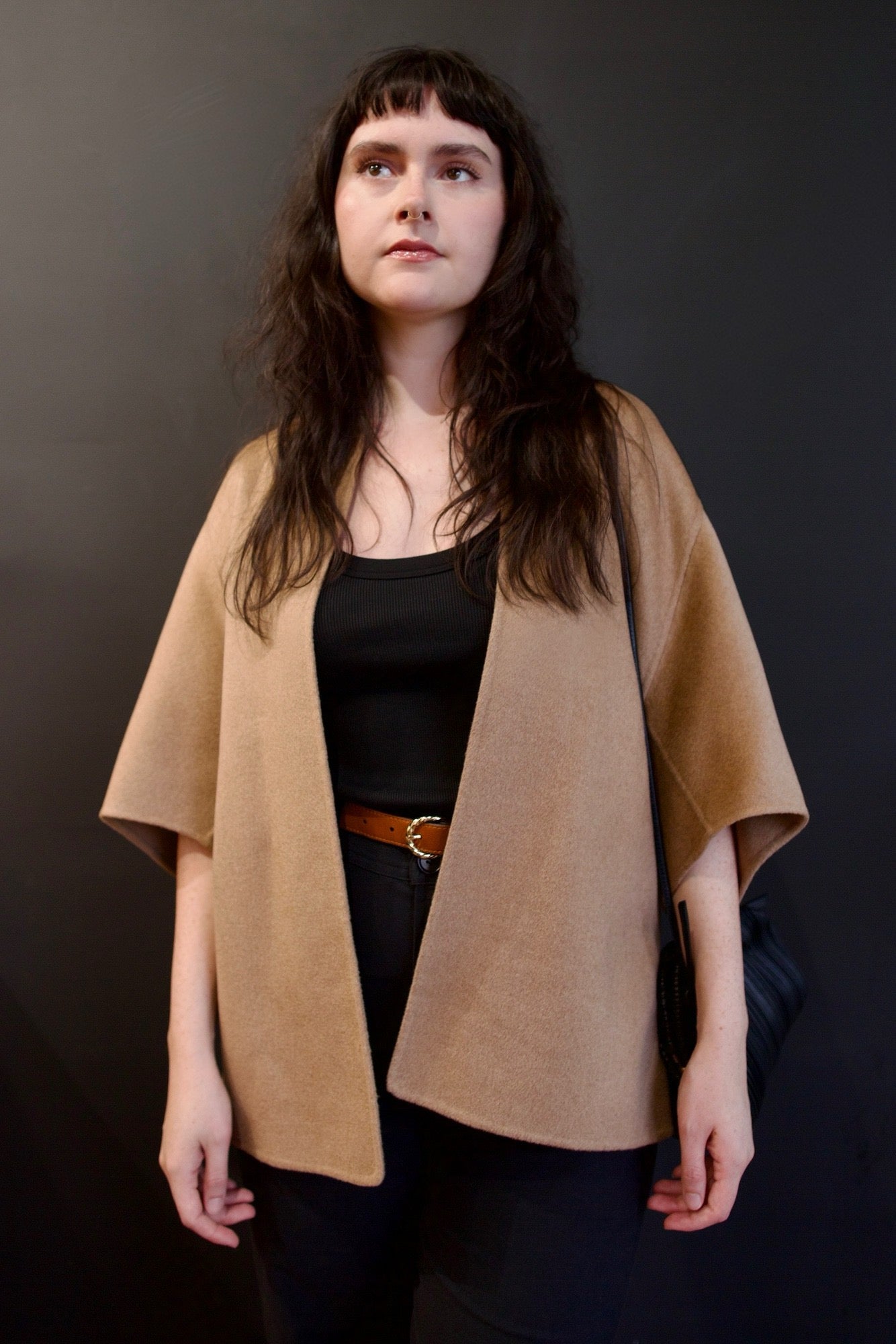 Model wearing beige Kujten luxury french cashmere Asi cape with Ulla Johnson, Veronica Beard & Mansur Gavriel