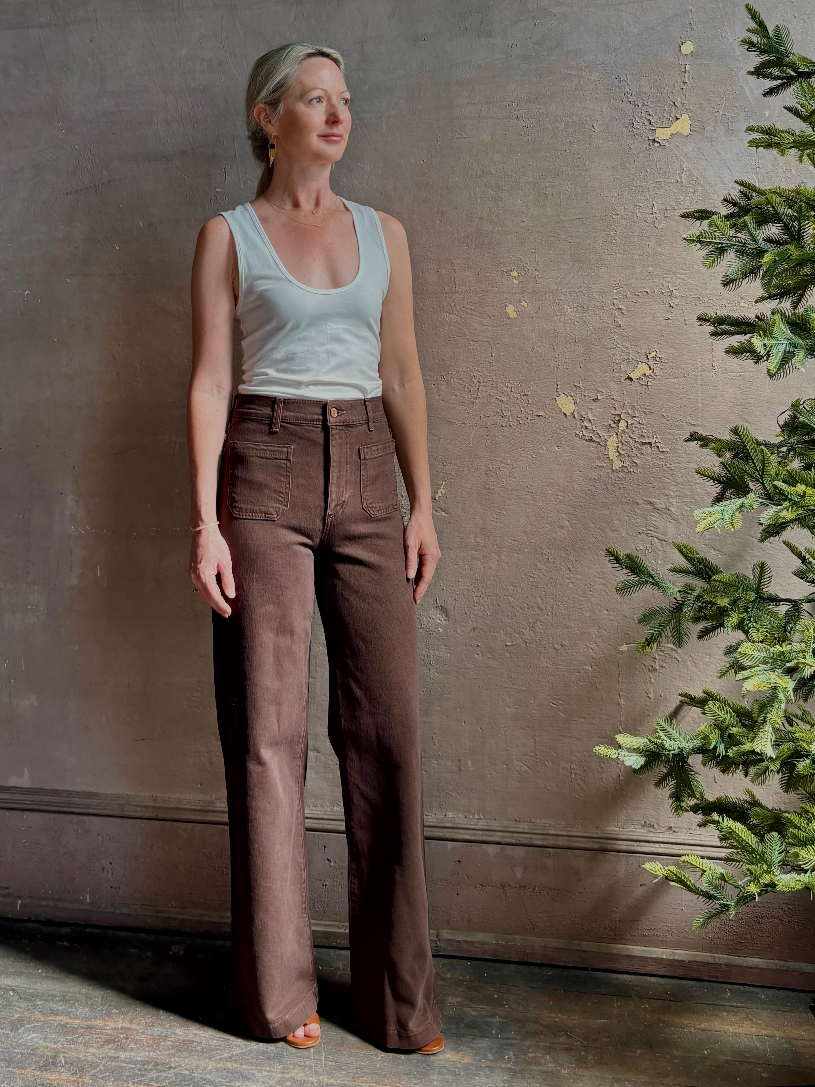 American made LE JEAN Virginia Wide Leg premium cotton rigid denim in chocolate brown front patch pockets