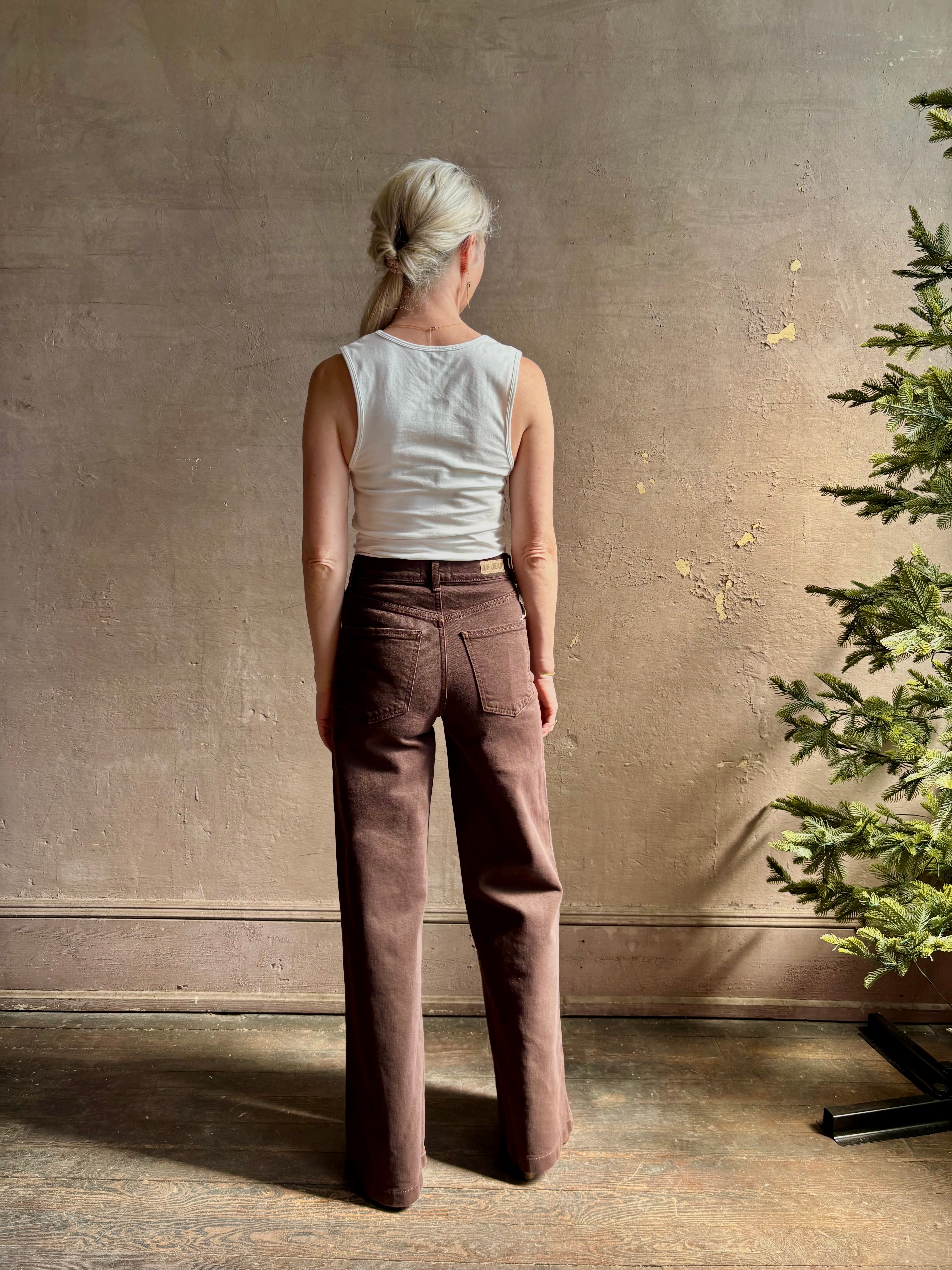 American made LE JEAN Virginia Wide Leg premium cotton rigid denim in chocolate brown front patch pockets