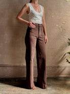 American made LE JEAN Virginia Wide Leg premium cotton rigid denim in chocolate brown front patch pockets