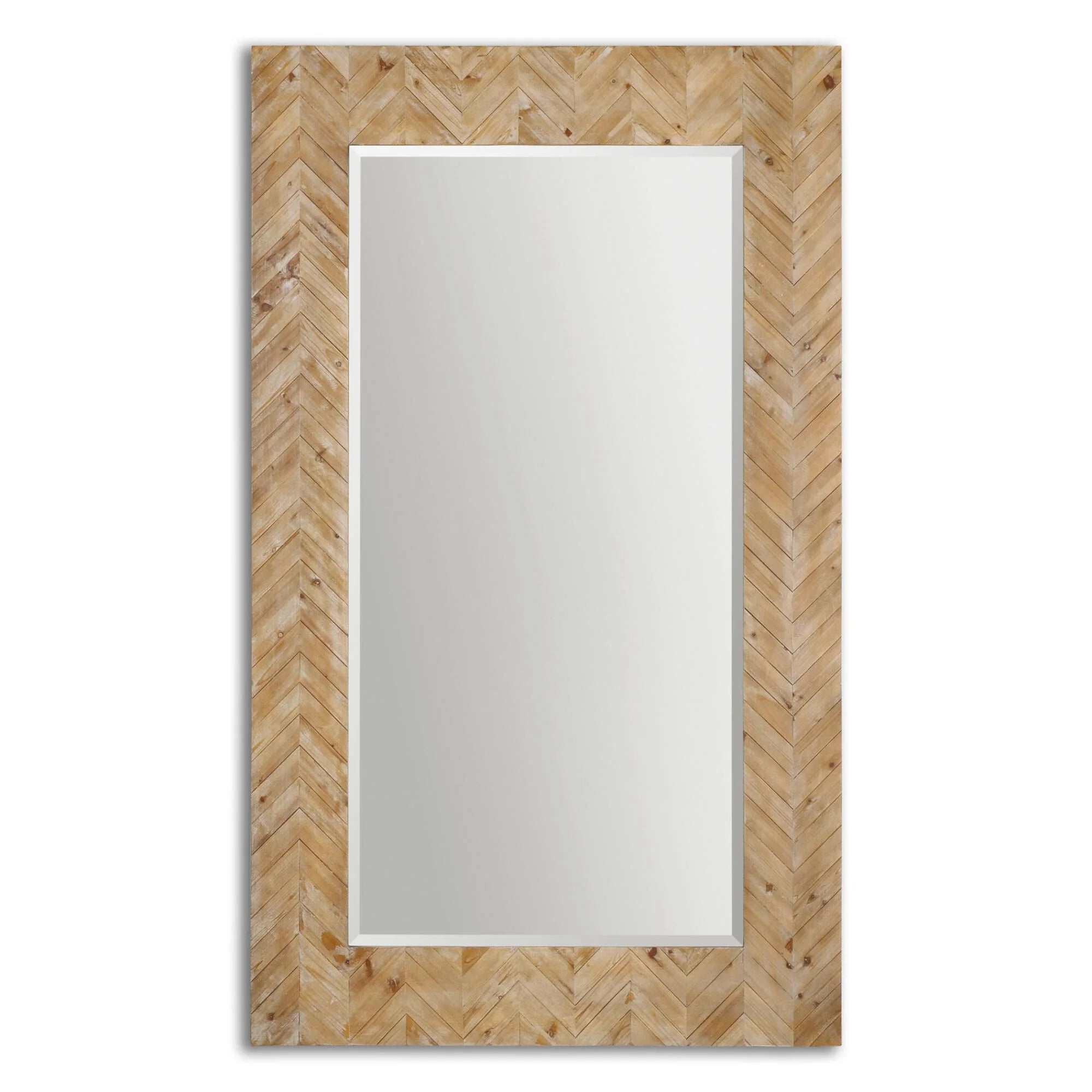 An oversized large rectangular beveled glass mirror with a wood frame, featuring a herringbone pattern.
