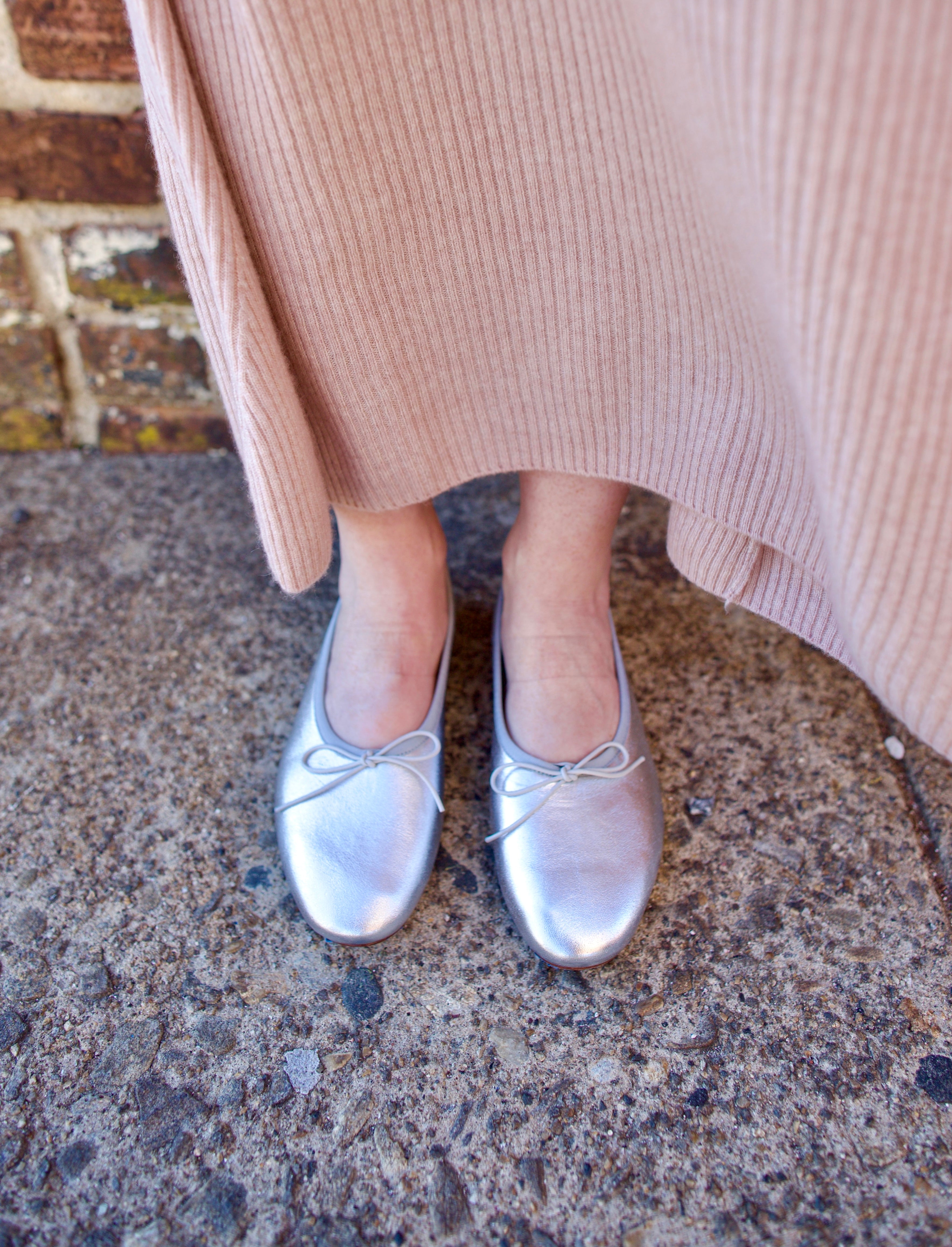 Mansur Gavriel Dream Ballerina Flats with a small bow round toe and flat heel in matte silver soft leather sole