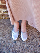 Mansur Gavriel Dream Ballerina Flats with a small bow round toe and flat heel in matte silver soft leather sole