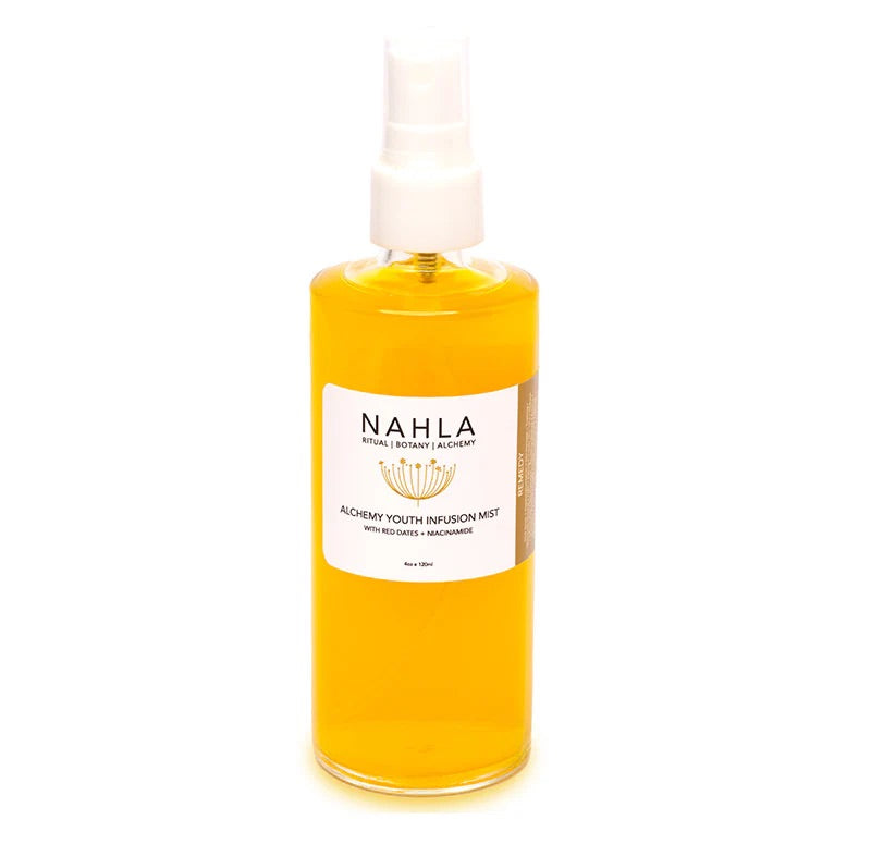 Image of Nahla Alchemy Youth Infusion Mist dispensed in a glass bottle and made in the USA.