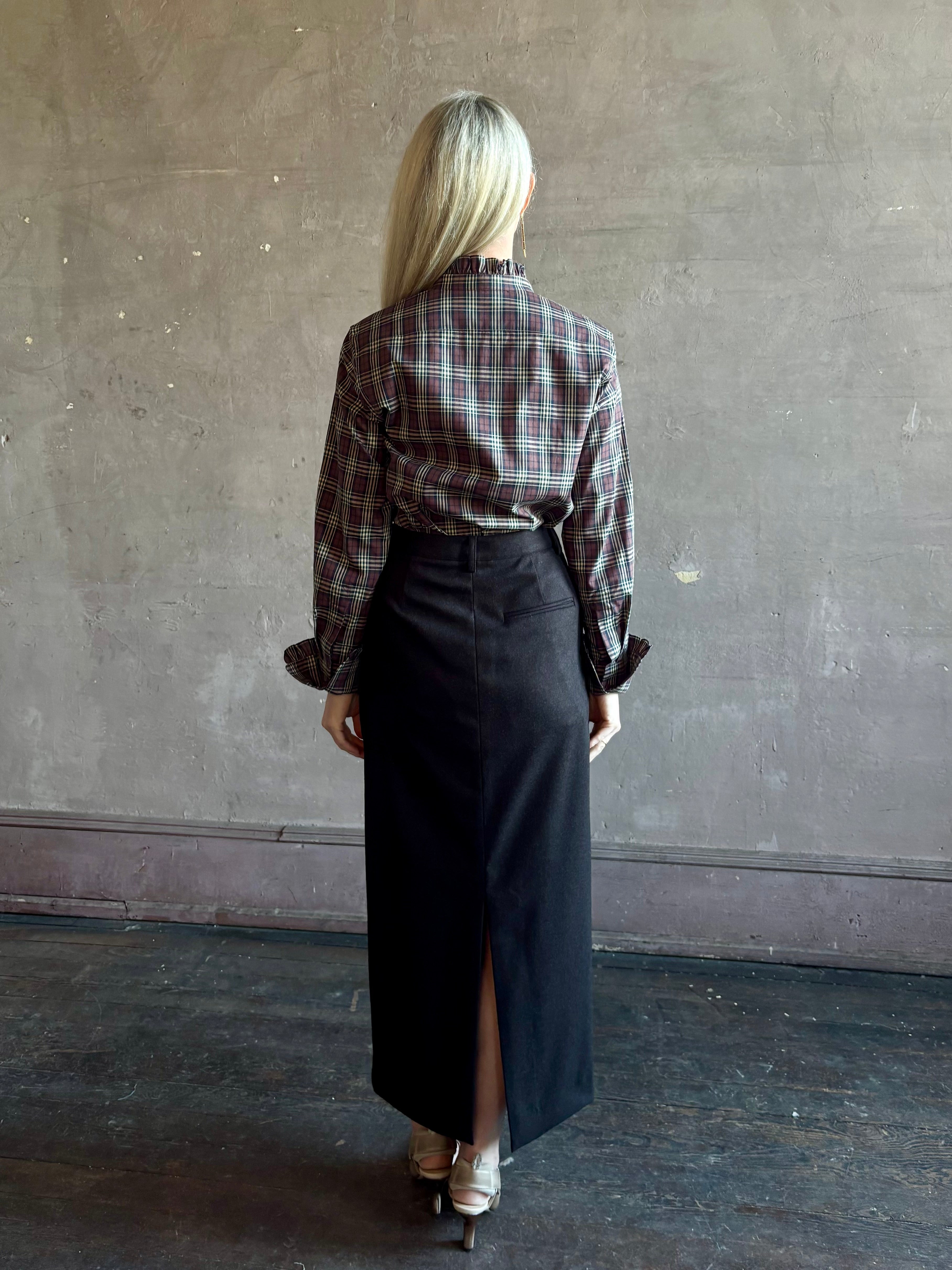 Nili Lotan’s Elio Cotton Plaid button down Shirt in Rustic Check with a mandarin collar and ruffle-trimmed cuffs long sleeves and lightweight perfet for luxury layering