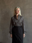 Nili Lotan’s Elio Cotton Plaid button down Shirt in Rustic Check with a mandarin collar and ruffle-trimmed cuffs long sleeves and lightweight