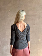 Woman wearing Proenza Schouler Blythe charcoal Top reversable long sleeves wool side ruching luxe draping