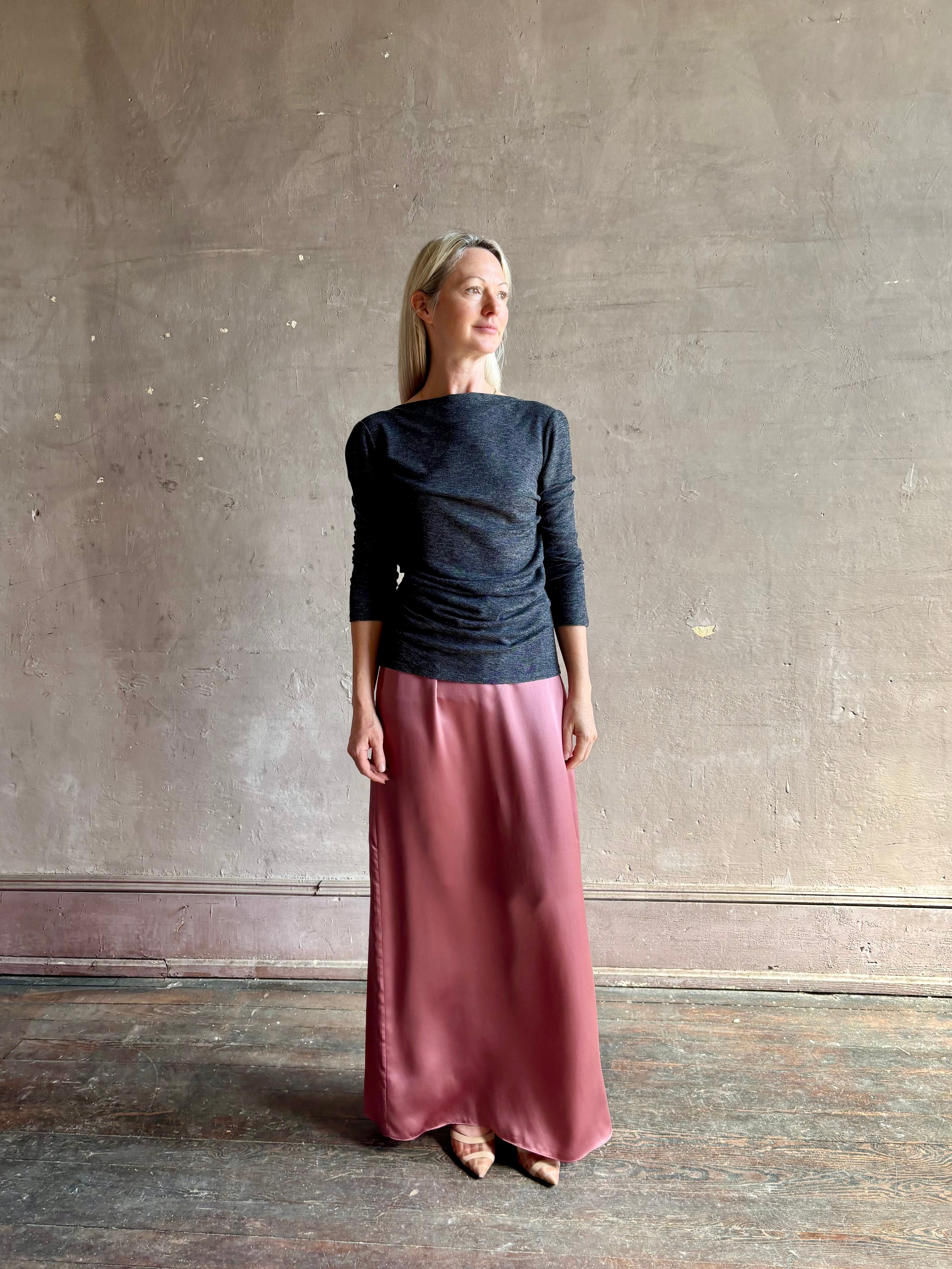 Woman wearing Proenza Schouler Blythe charcoal Top reversable long sleeves wool side ruching luxe draping