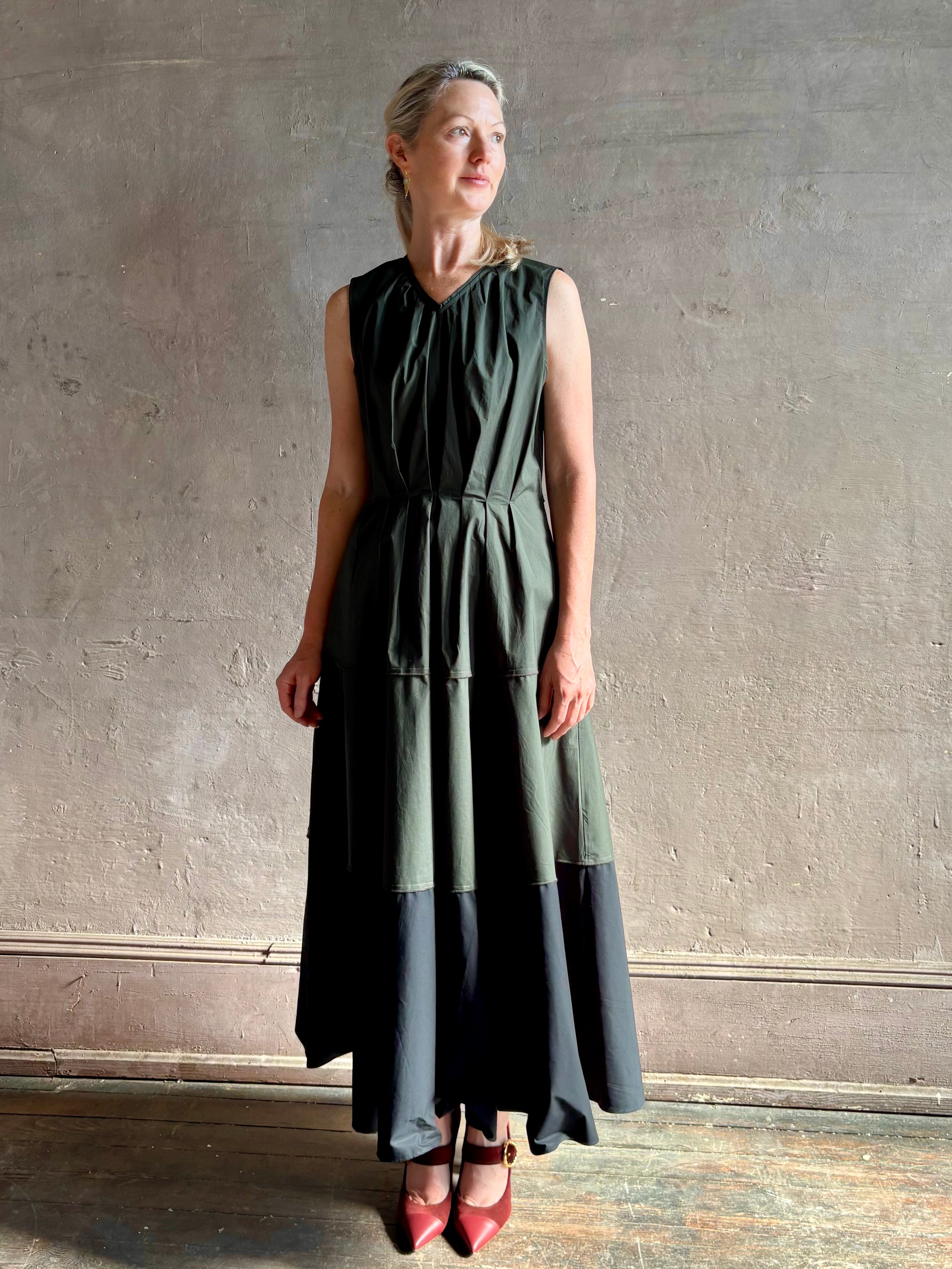 Proenza schouler Kailey maxi dress V-neck sleeveless pleated front bodice fitted natural waist full skirt with pockets