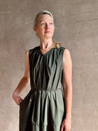 luxury cotton poplin Proenza schouler green maxi dress V-neck sleeveless pleated front bodice fitted natural waist 