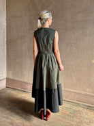 Proenza schouler maxi green cotton poplin dress fitted natural waist full skirt with wide black band at bottom