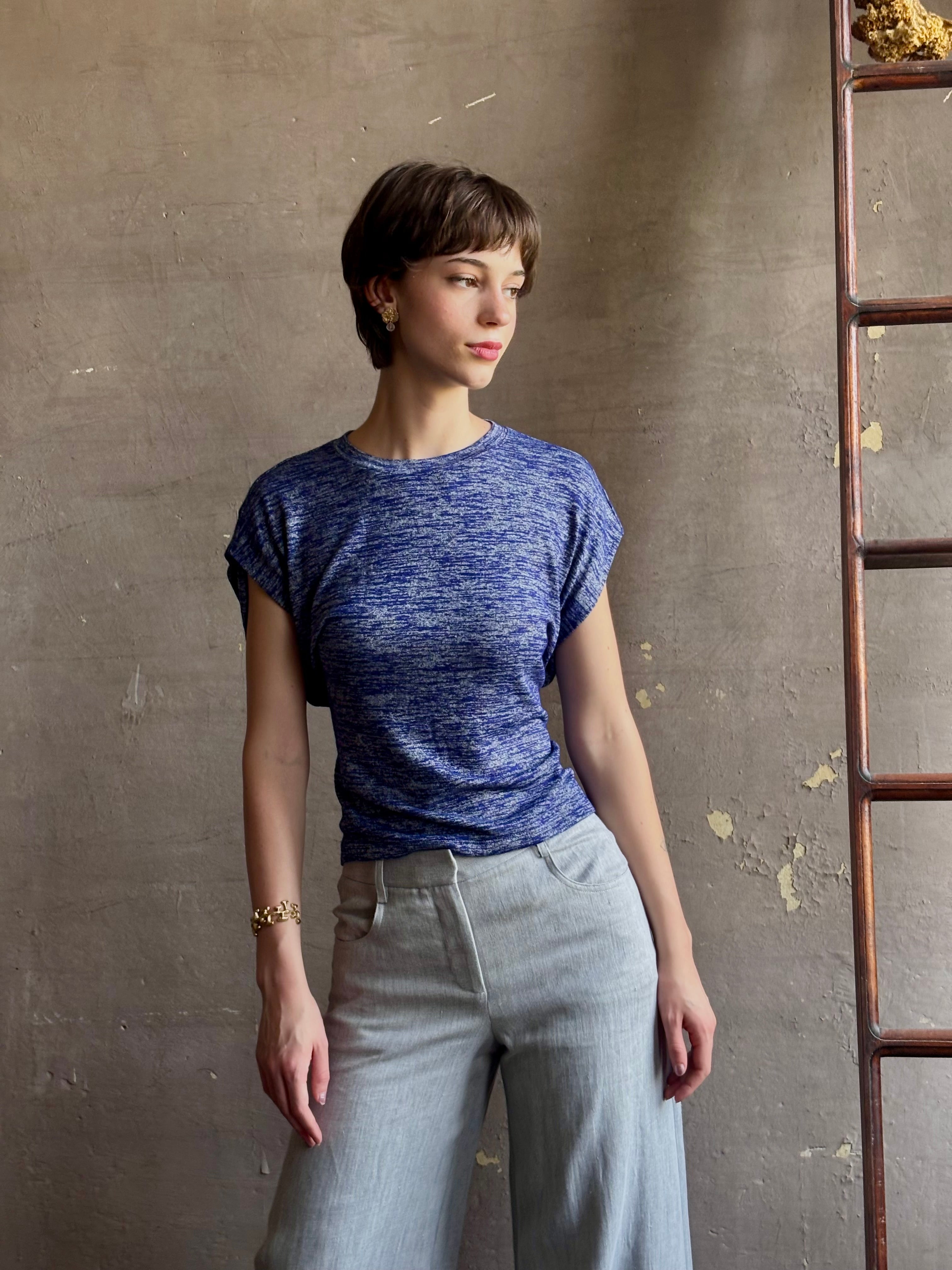Proenza Reeva elevated tee shirt   comfortable stretch flattering cut blue melange short sleeve crew neck
