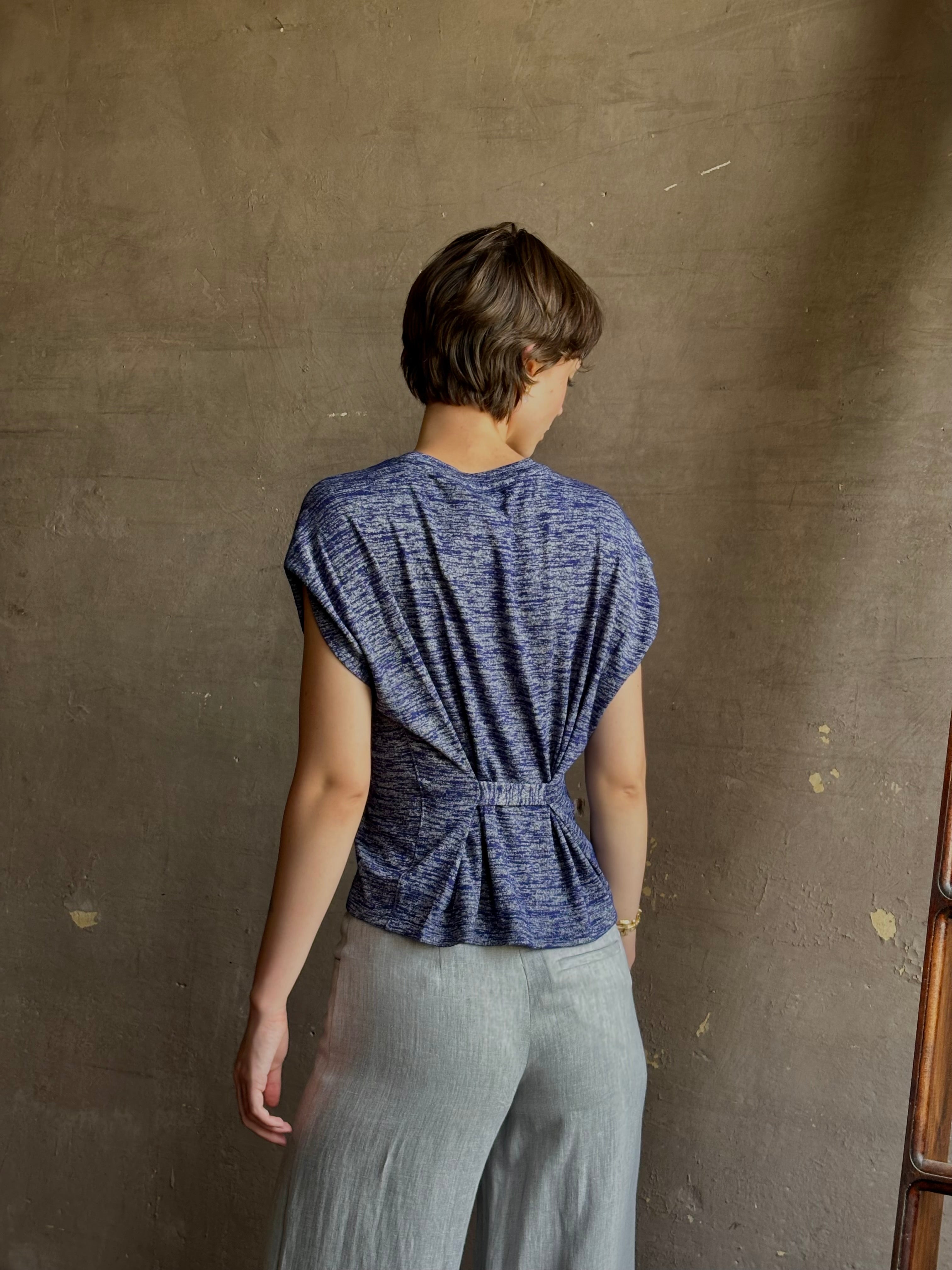 Proenza Reeva elevated tee shirt   comfortable stretch flattering cut blue melange gathered back detail