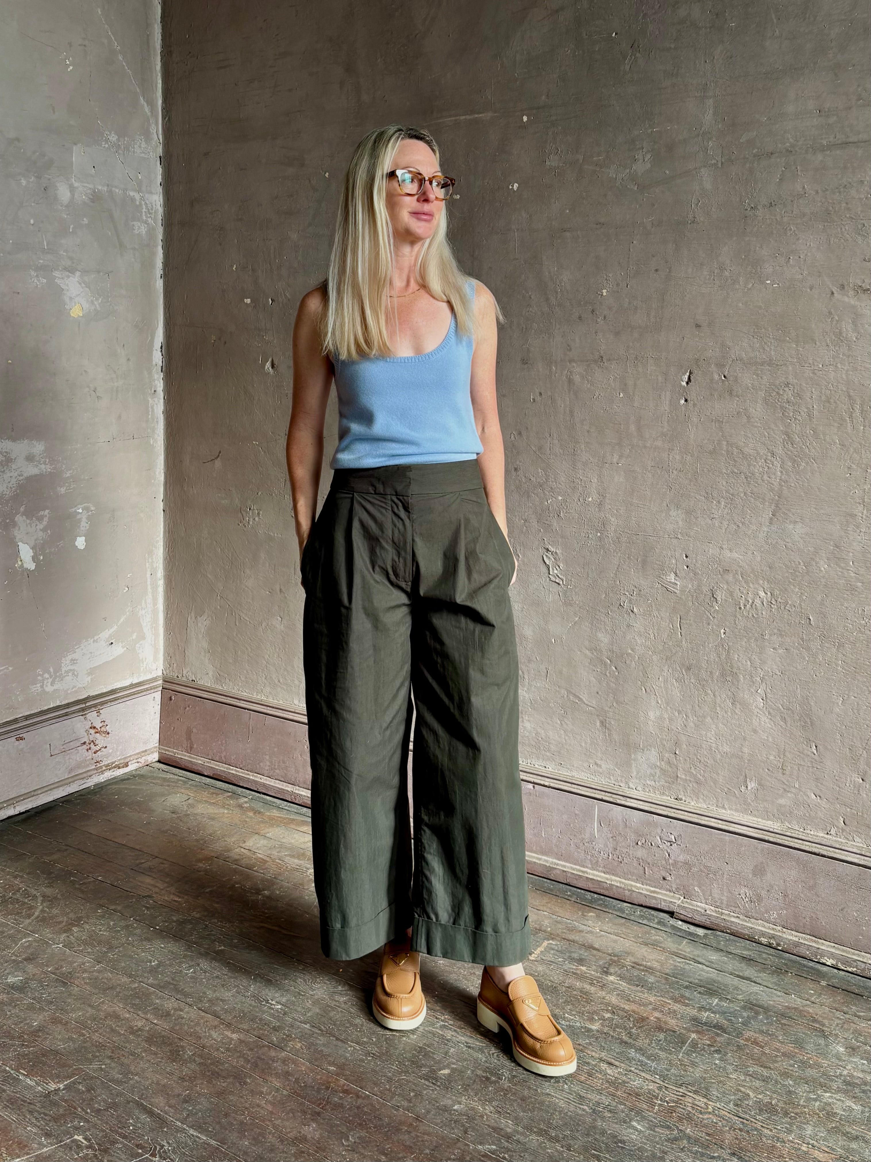 proenza schouler taila green trouser cotton blend mid rise wide leg cuffed cropped relaxed fit casual streetwear