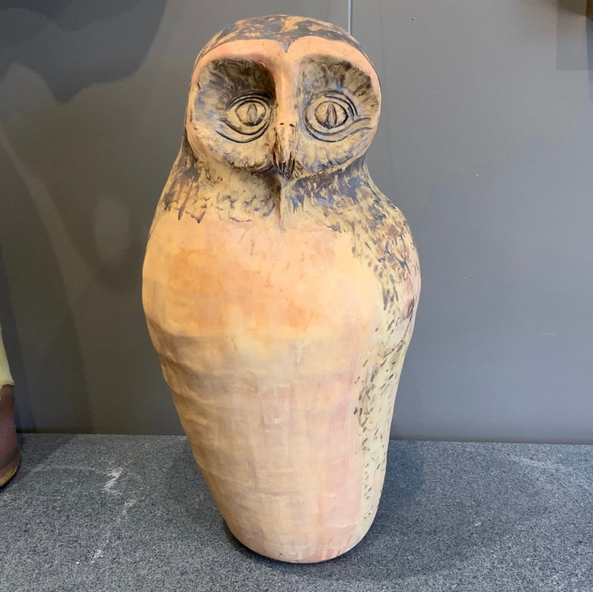 Image featuring North Carolina pottery artist Pam Brewer Nightwatch hand built owl sculpture