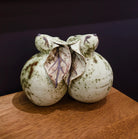 Image featuring North Carolina pottery artist Pam Brewer Art of Leaning sculpture hand built pottery of two bunnies or rabbits