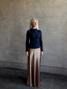 Proenza Schouler Mini Jersey Top in marbled blue and black long sleeves mock neck slim fit perfect for cozy layering