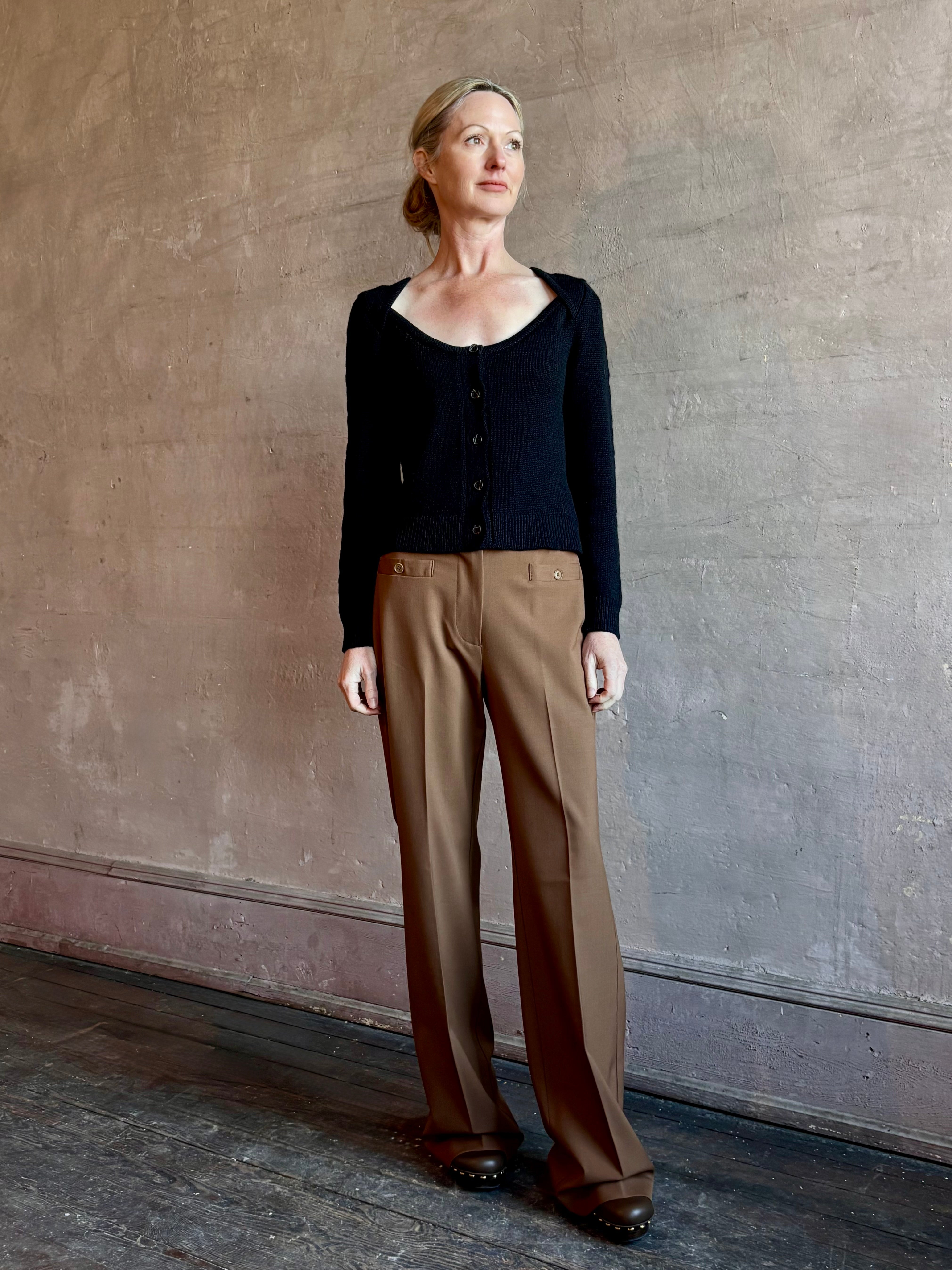 Image of mature woman wearing premium Rachel Comey Etla Cardigan with a beautiful scoop neckline button front and long sleeves