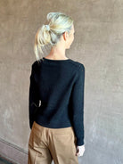 Image of mature woman wearing premium Rachel Comey Etla Cardigan with a beautiful scoop neckline button front and long sleeves