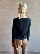 Image of mature woman wearing premium Rachel Comey Etla Cardigan with a beautiful scoop neckline button front and long sleeves
