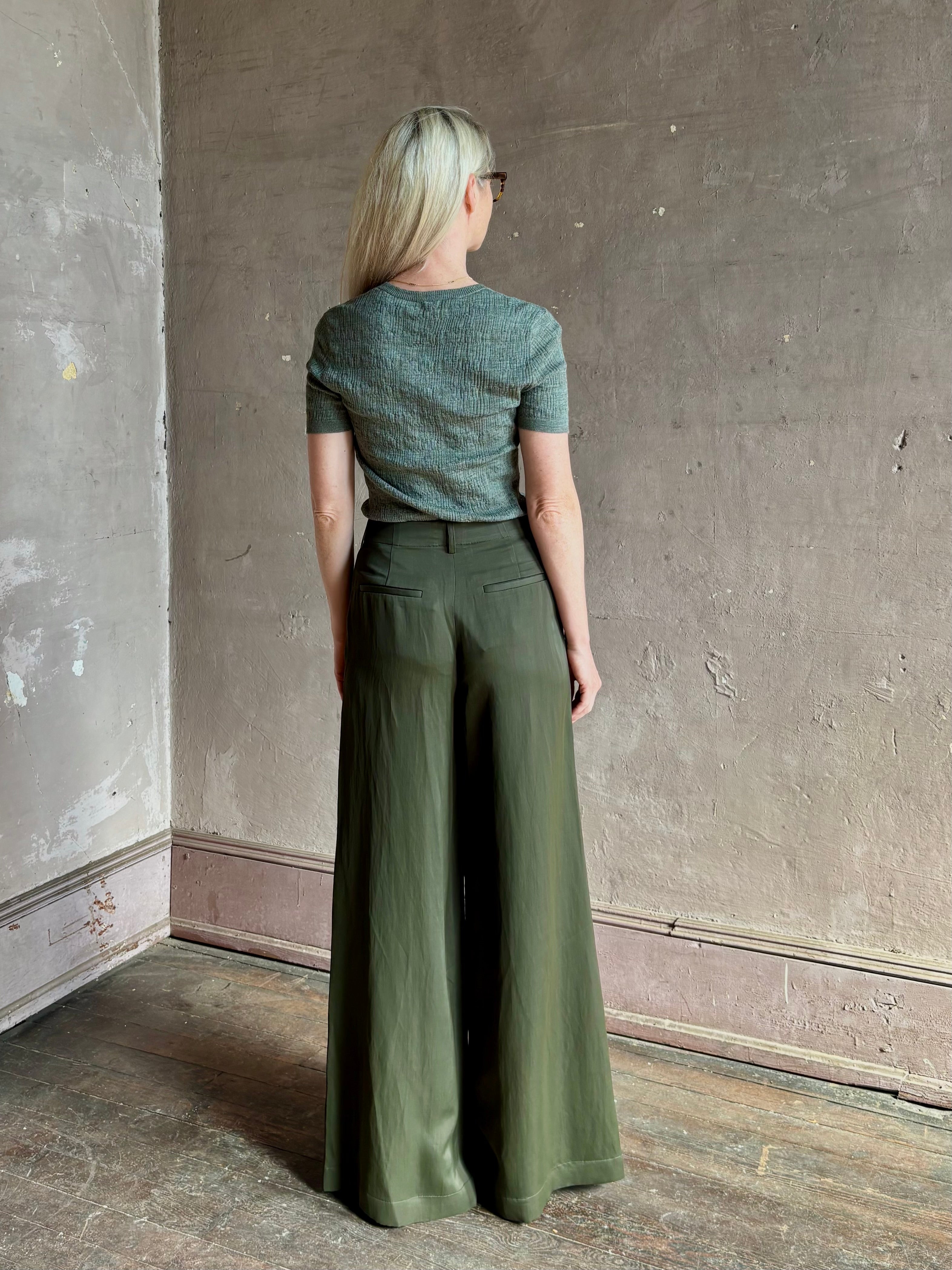 Mature woman  wearing a textured short-sleeve fitted knit top in sage green round neckline with brown heathering