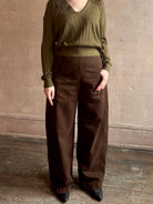 Image of woman wearing Rachel Comey chocolate brown American made premium cotton Tany Pant