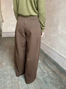 Image of woman wearing Rachel Comey chocolate brown American made premium cotton Tany Pant
