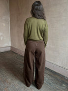 Image of woman wearing Rachel Comey chocolate brown American made premium cotton Tany Pant