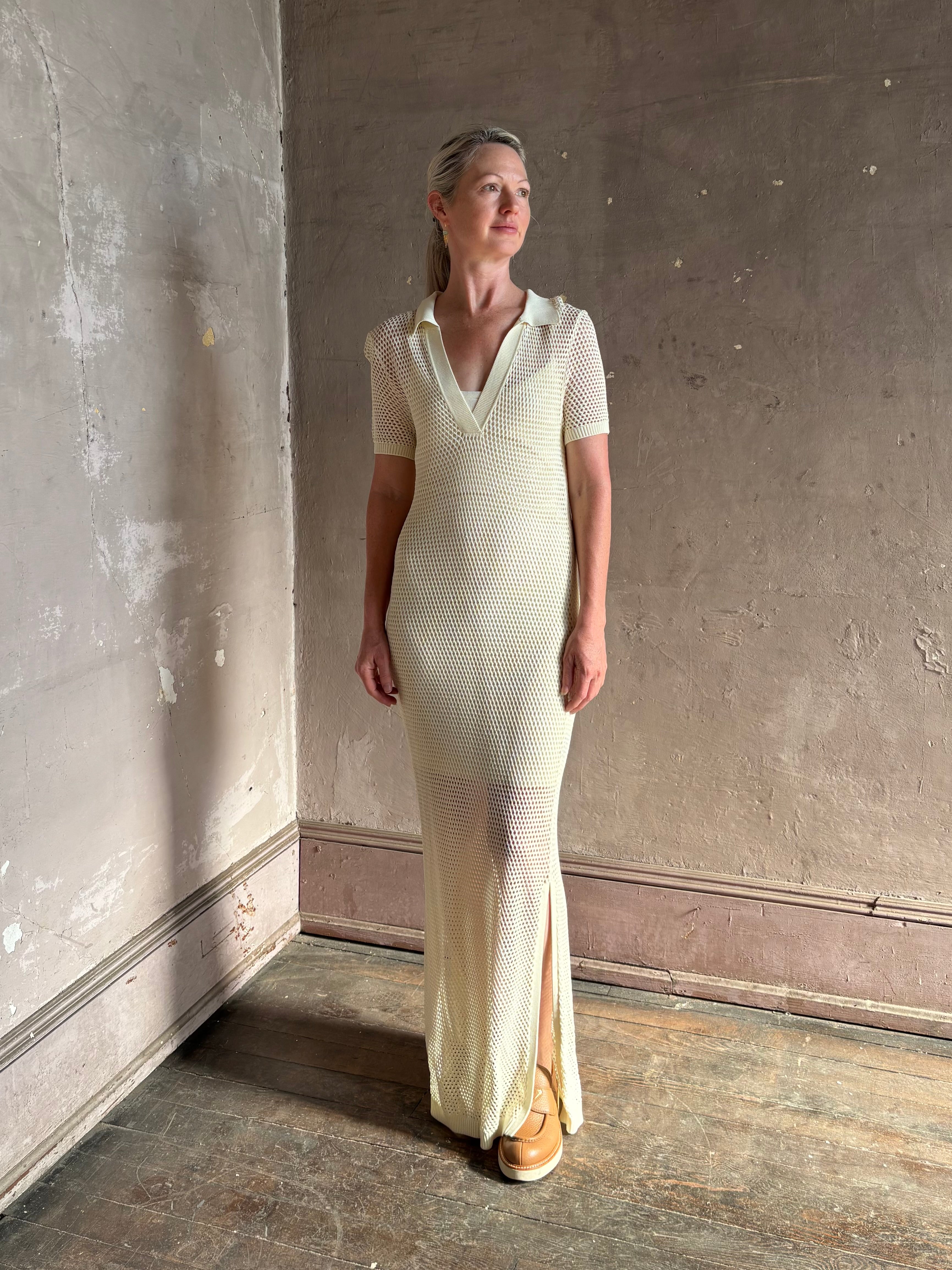 Rag and bone Sheath cream maxi Dress open knit with slip slim-fit polo short sleeve side slits v-neck