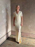 Rag and bone Sheath cream maxi Dress open knit with slip slim-fit polo short sleeve side slits v-neck