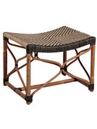 Rattan stool with a two-tone woven pattern on the seat and an open frame. The stool is primarily brown with black accents