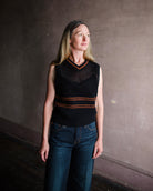 Mature woman wearing designer Re/Done black and brown stripe Crochet cotton Knit v-neck top made in USA