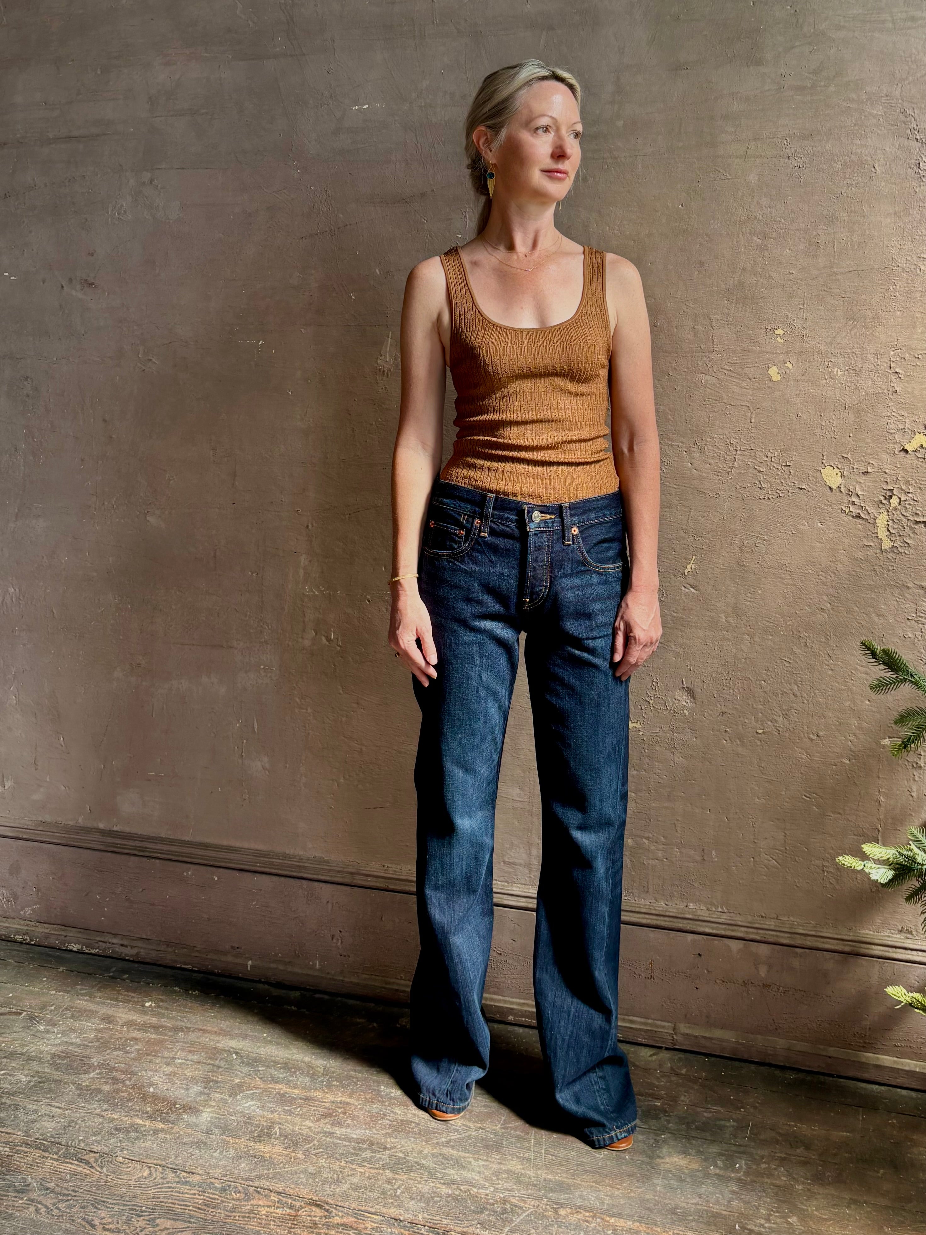Re/Done Twisted Mid Rise Bootcut dark wash ridgid cotton Denim  button fly long inseam