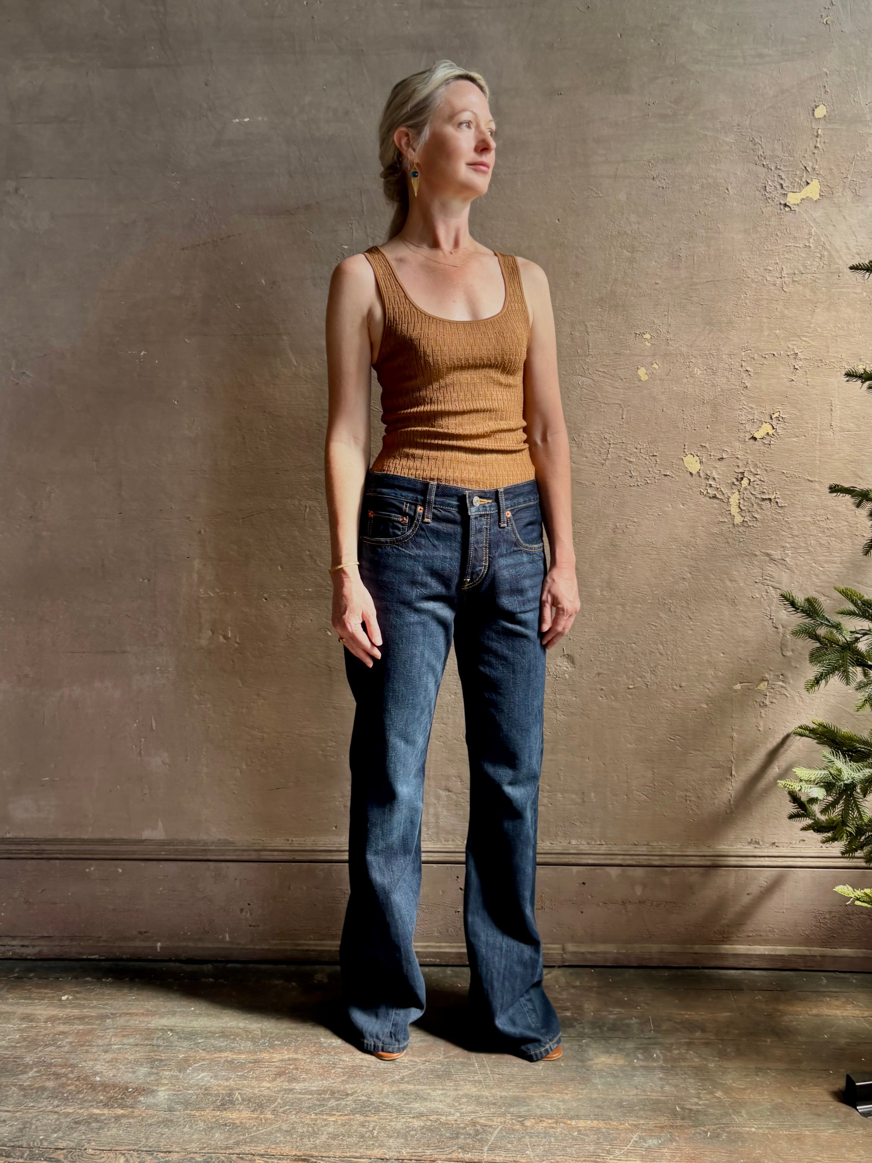 Re/Done Twisted Mid Rise Bootcut dark wash ridgid cotton Denim  button fly long inseam