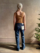 Re/Done Twisted Mid Rise Bootcut dark wash ridgid cotton Denim  button fly long inseam