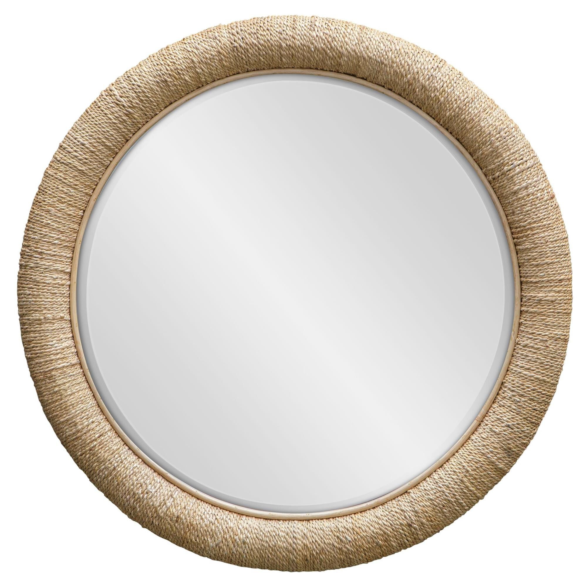 Large round beveled glass mirror with a textured natural raffia frame for a refined natural finishing touch to home