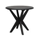 A round black side table with a charcoal black finish, made of Sungkai Wood, with crisscrossing legs.