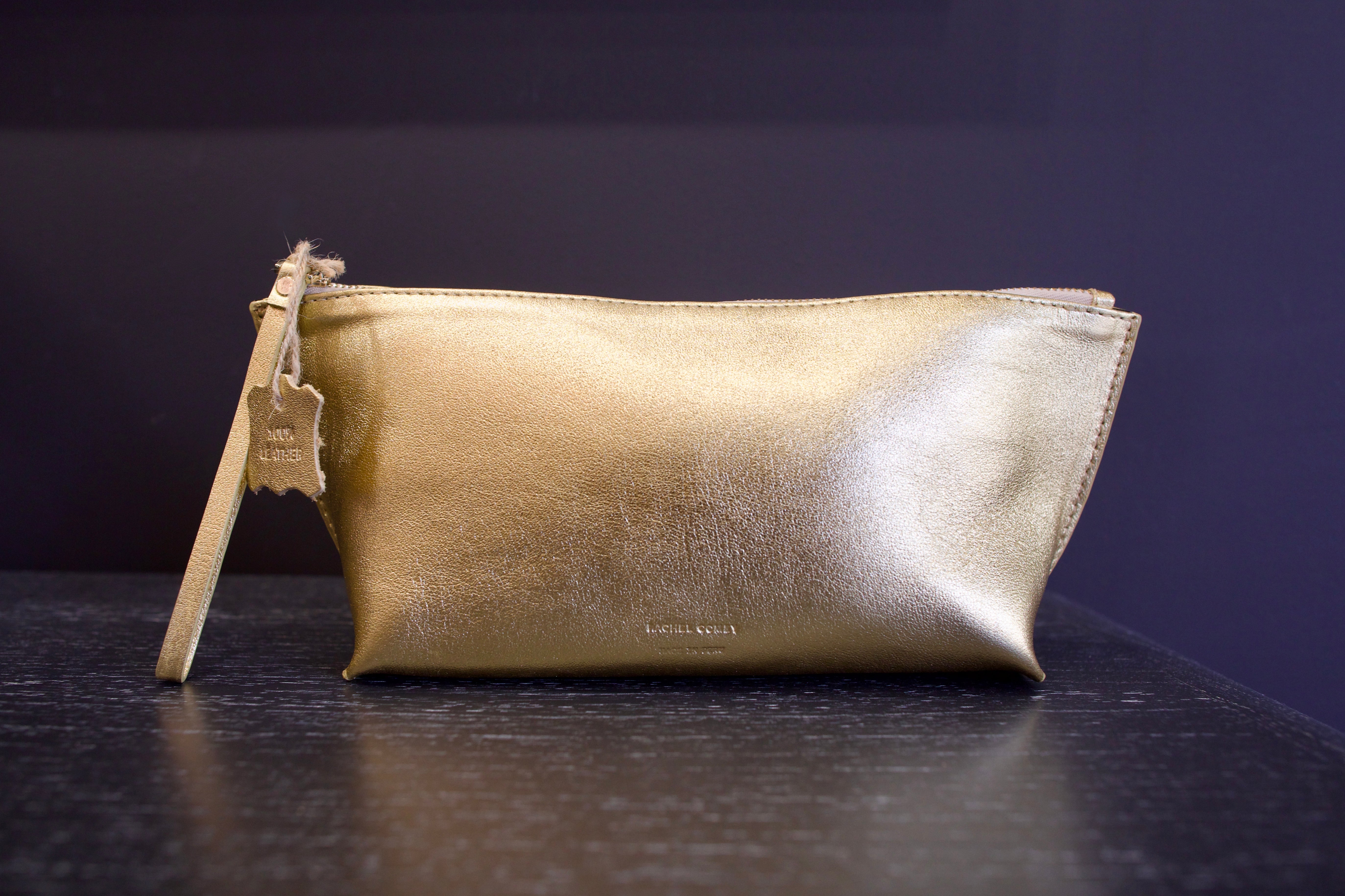 Photo of a gold metallic Rachel Comey leather triangle case with zipper closure